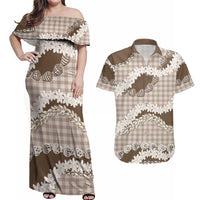Brown Hawaii Tiare and Shell Lei Couples Matching Off Shoulder Maxi Dress and Hawaiian Shirt Hawaiian Palaka Luxury Vibes - Polynesian Pride
