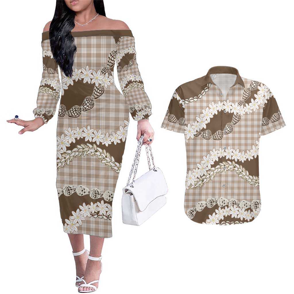 Brown Hawaii Tiare and Shell Lei Couples Matching Off The Shoulder Long Sleeve Dress and Hawaiian Shirt Hawaiian Palaka Luxury Vibes LT14 Brown - Polynesian Pride