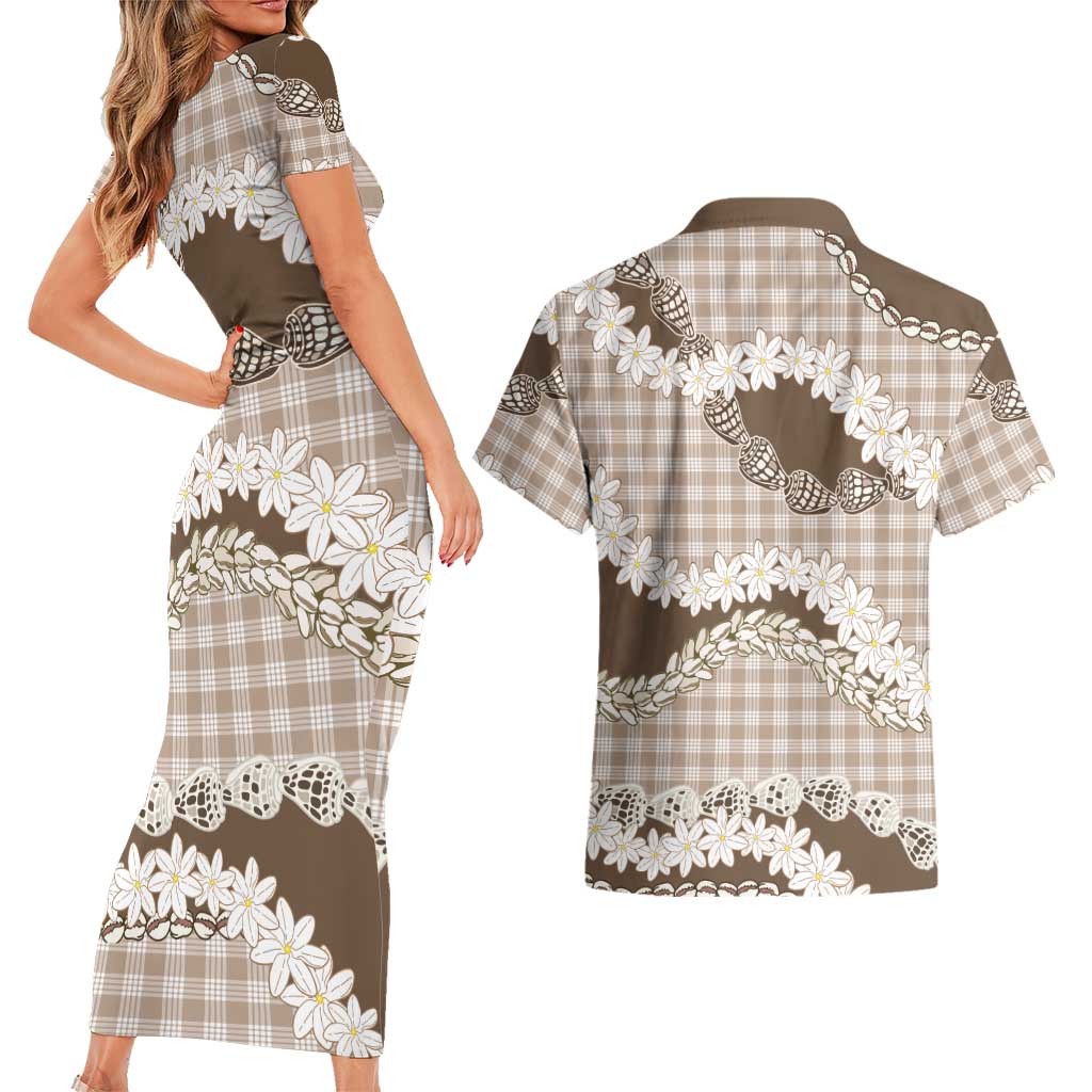 Brown Hawaii Tiare and Shell Lei Couples Matching Short Sleeve Bodycon Dress and Hawaiian Shirt Hawaiian Palaka Luxury Vibes LT14 - Polynesian Pride
