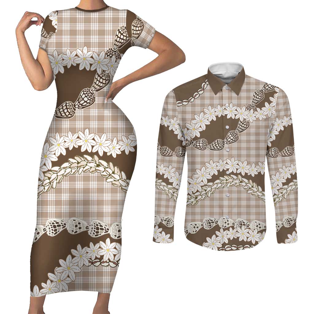 Brown Hawaii Tiare and Shell Lei Couples Matching Short Sleeve Bodycon Dress and Long Sleeve Button Shirt Hawaiian Palaka Luxury Vibes - Polynesian Pride