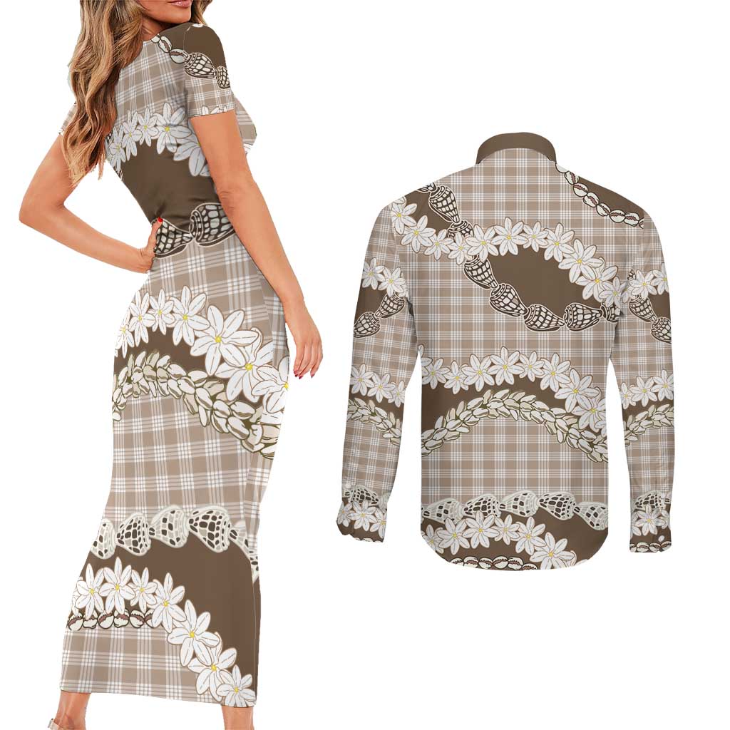 Brown Hawaii Tiare and Shell Lei Couples Matching Short Sleeve Bodycon Dress and Long Sleeve Button Shirt Hawaiian Palaka Luxury Vibes - Polynesian Pride
