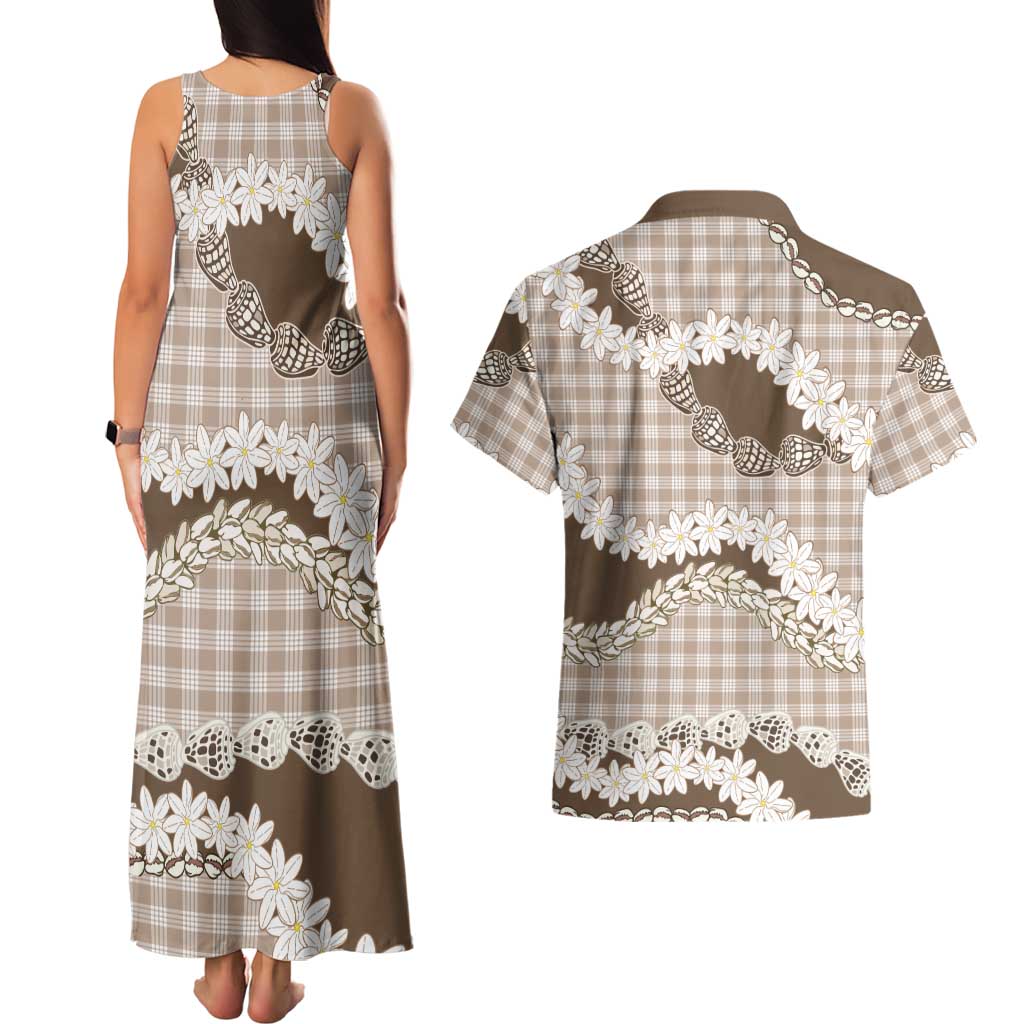 Brown Hawaii Tiare and Shell Lei Couples Matching Tank Maxi Dress and Hawaiian Shirt Hawaiian Palaka Luxury Vibes - Polynesian Pride