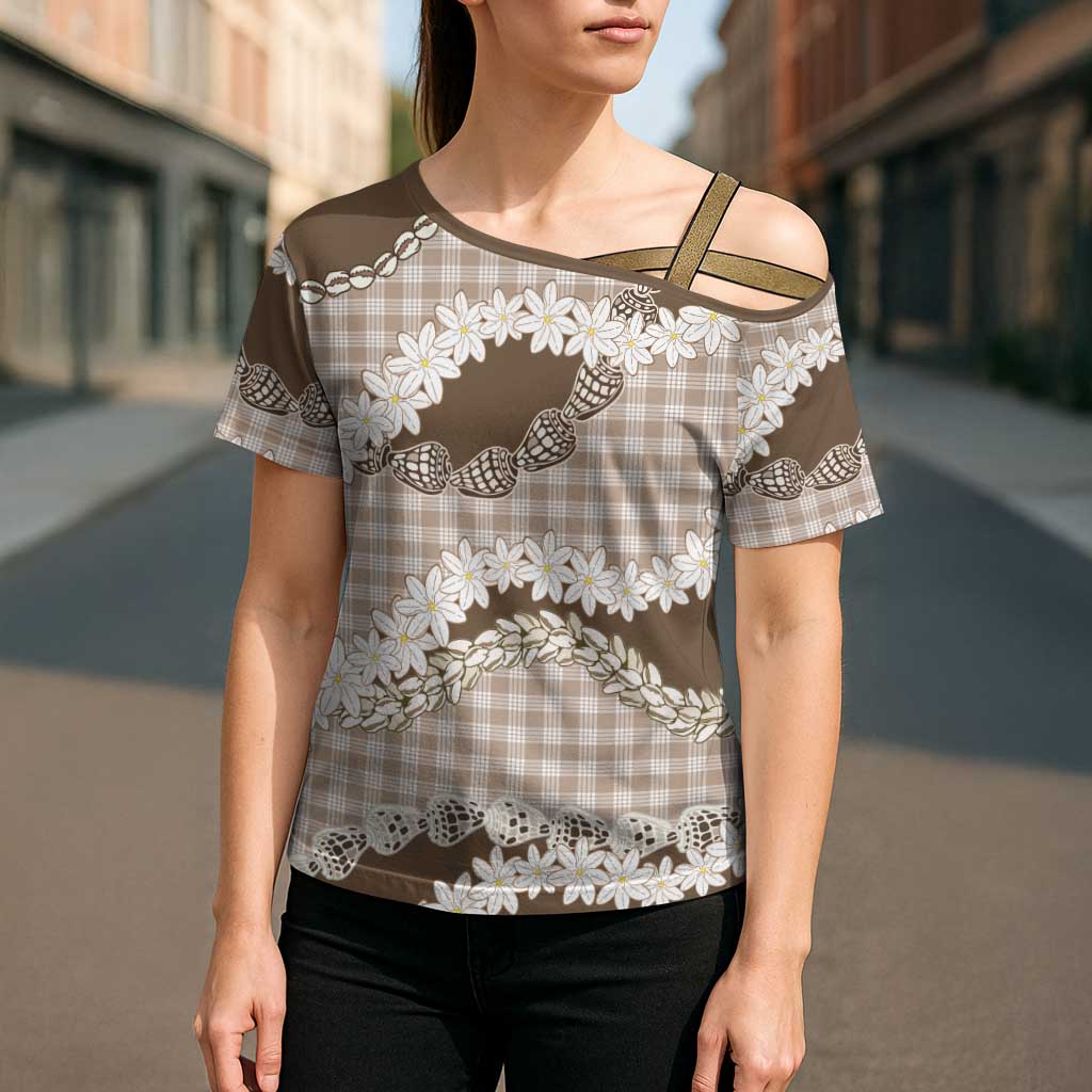 Brown Hawaii Tiare and Shell Lei Cross Shoulder Shirt Hawaiian Palaka Luxury Vibes - Polynesian Pride