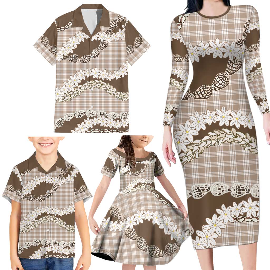 Brown Hawaii Tiare and Shell Lei Family Matching Long Sleeve Bodycon Dress and Hawaiian Shirt Hawaiian Palaka Luxury Vibes - Polynesian Pride