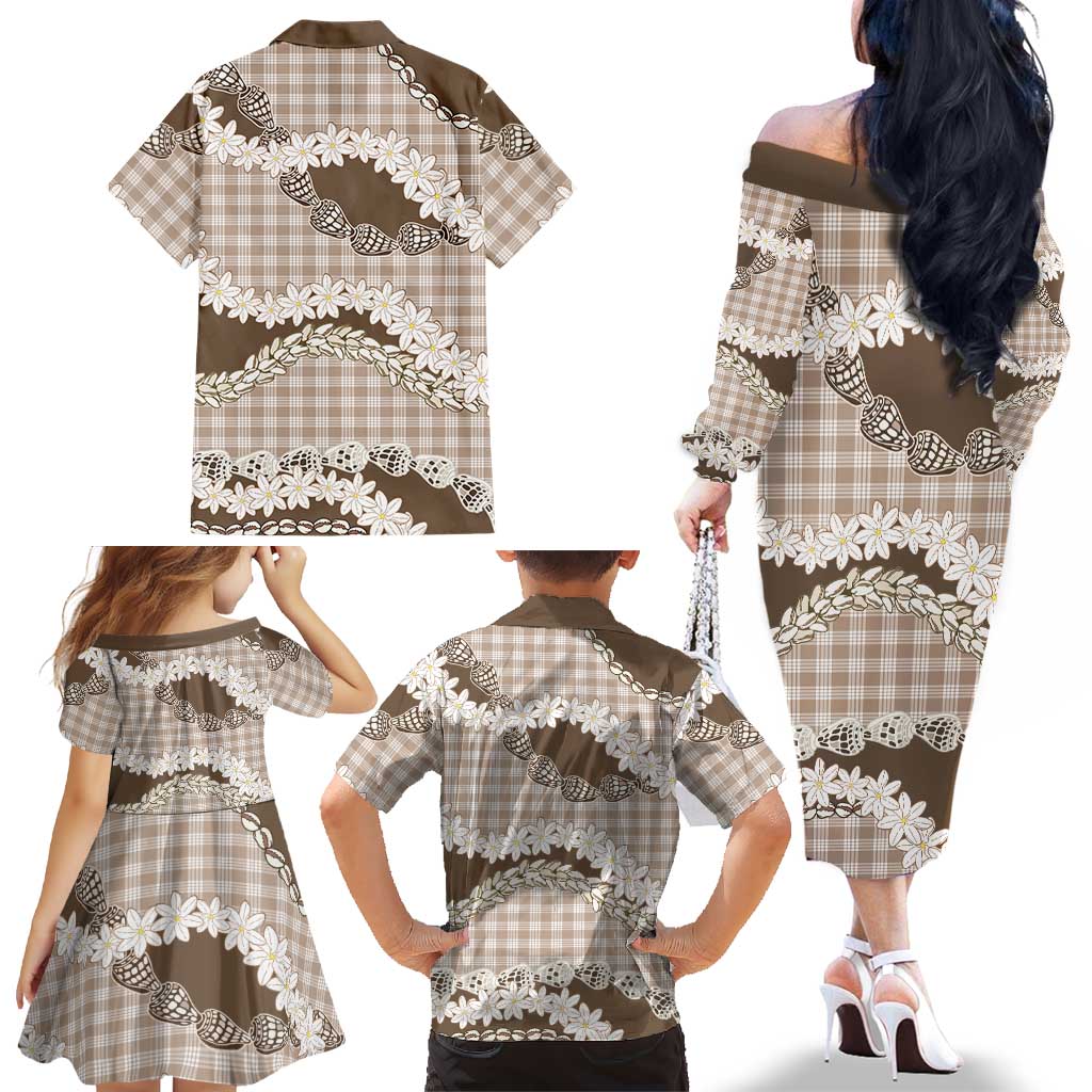 Brown Hawaii Tiare and Shell Lei Family Matching Off The Shoulder Long Sleeve Dress and Hawaiian Shirt Hawaiian Palaka Luxury Vibes LT14 - Polynesian Pride