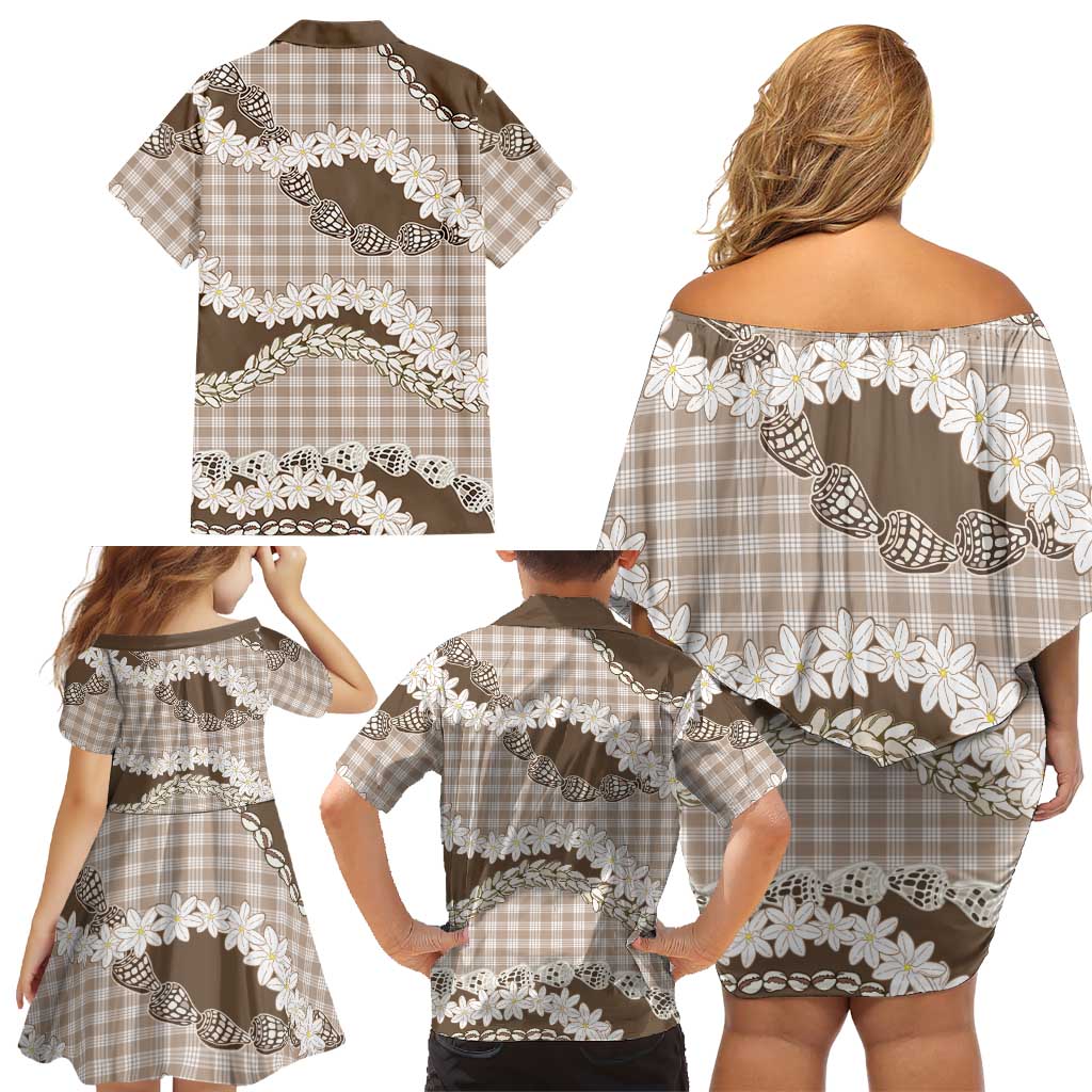 Brown Hawaii Tiare and Shell Lei Family Matching Off Shoulder Short Dress and Hawaiian Shirt Hawaiian Palaka Luxury Vibes LT14 - Polynesian Pride