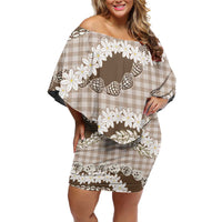 Brown Hawaii Tiare and Shell Lei Family Matching Off Shoulder Short Dress and Hawaiian Shirt Hawaiian Palaka Luxury Vibes LT14 Mom's Dress Brown - Polynesian Pride
