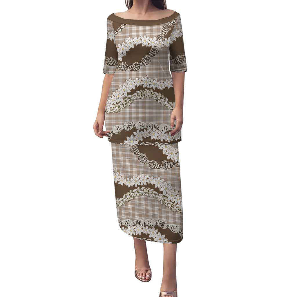 Brown Hawaii Tiare and Shell Lei Family Matching Puletasi and Hawaiian Shirt Hawaiian Palaka Luxury Vibes LT14 Mom's Dress Brown - Polynesian Pride