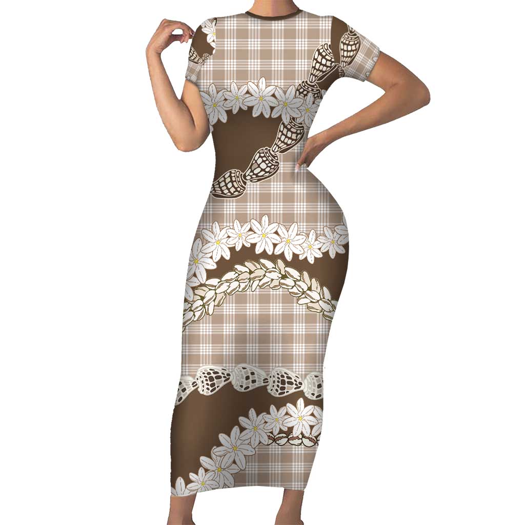 Brown Hawaii Tiare and Shell Lei Family Matching Short Sleeve Bodycon Dress and Hawaiian Shirt Hawaiian Palaka Luxury Vibes LT14 Mom's Dress Brown - Polynesian Pride