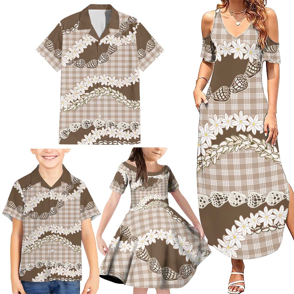 Brown Hawaii Tiare and Shell Lei Family Matching Summer Maxi Dress and Hawaiian Shirt Hawaiian Palaka Luxury Vibes - Polynesian Pride