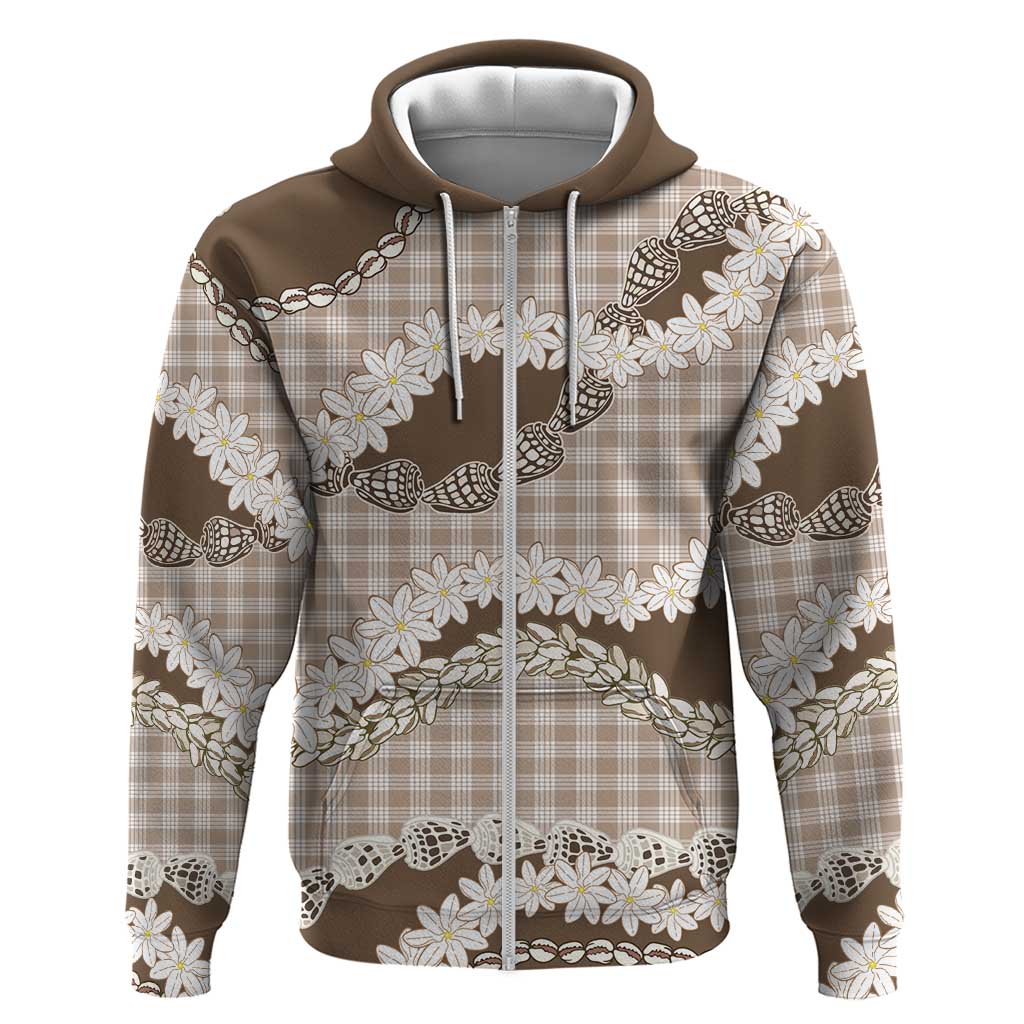 Brown Hawaii Tiare and Shell Lei Hoodie Hawaiian Palaka Luxury Vibes LT14 Zip Hoodie Brown - Polynesian Pride
