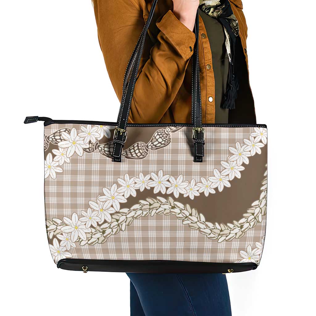 Brown Hawaii Tiare and Shell Lei Leather Tote Bag Hawaiian Palaka Luxury Vibes - Polynesian Pride