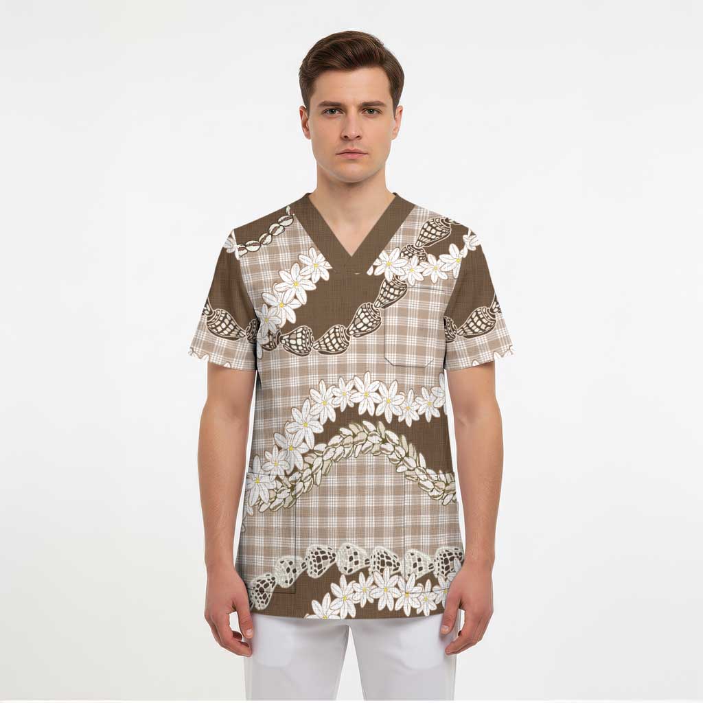 Brown Hawaii Tiare and Shell Lei Scrub Top Hawaiian Palaka Luxury Vibes - Polynesian Pride