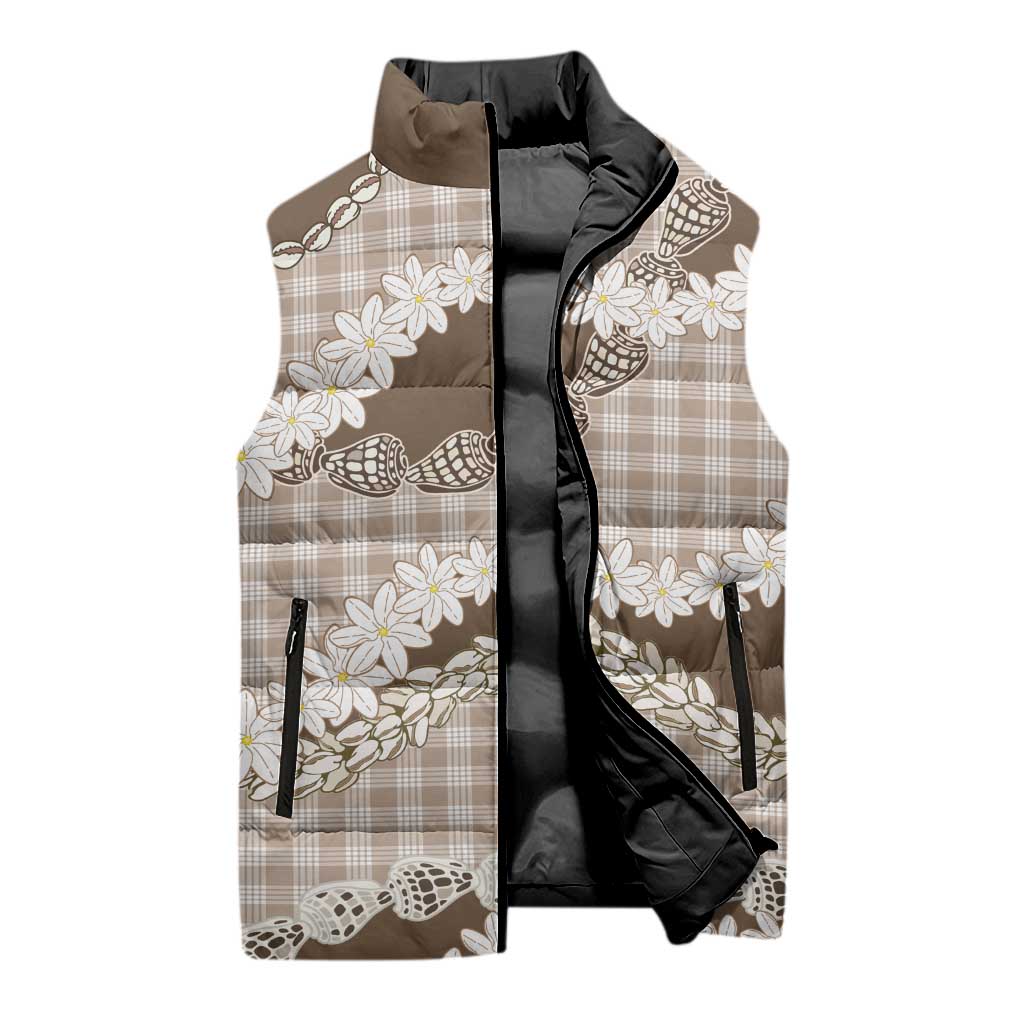 Brown Hawaii Tiare and Shell Lei Sleeveless Puffer Jacket Hawaiian Palaka Luxury Vibes - Polynesian Pride