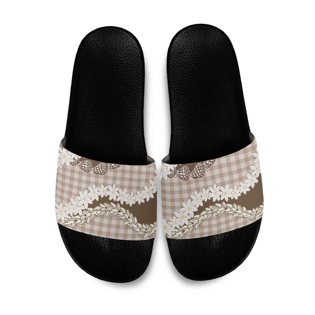Brown Hawaii Tiare and Shell Lei Slide Sandals Hawaiian Palaka Luxury Vibes - Polynesian Pride