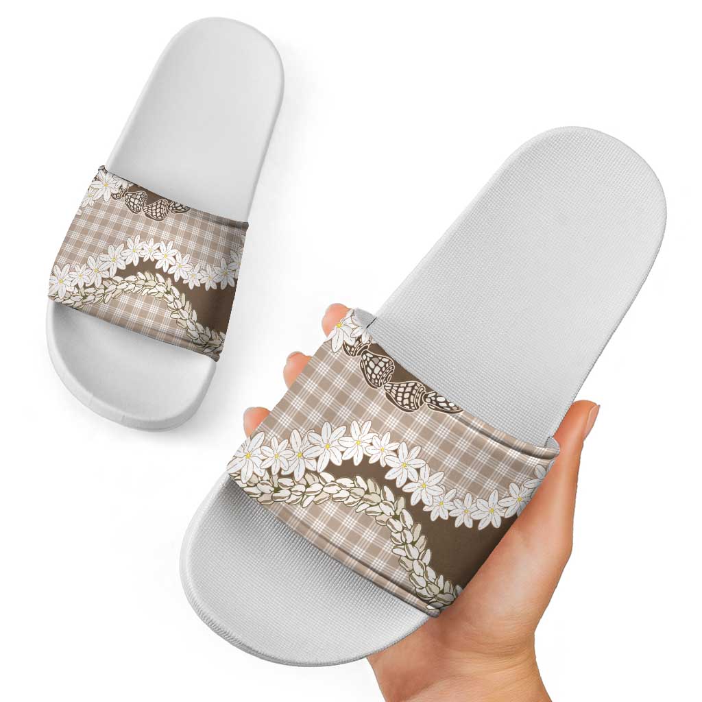 Brown Hawaii Tiare and Shell Lei Slide Sandals Hawaiian Palaka Luxury Vibes - Polynesian Pride