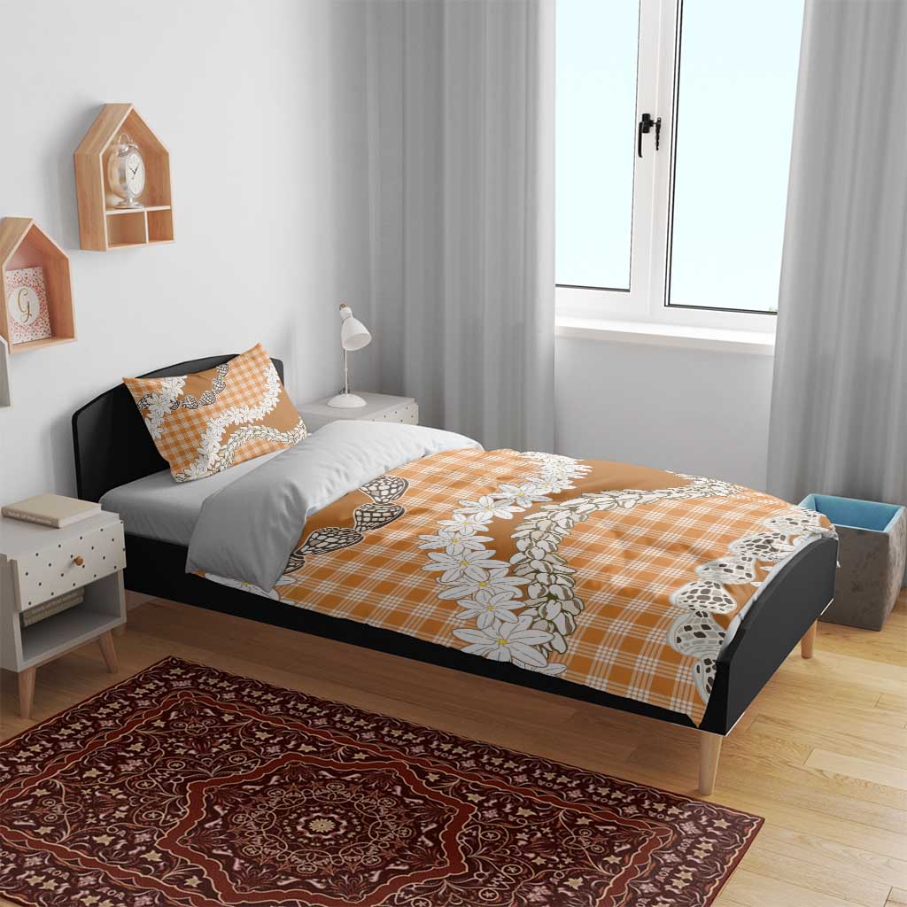Orange Hawaii Tiare and Shell Lei Bedding Set Hawaiian Palaka Luxury Vibes - Polynesian Pride