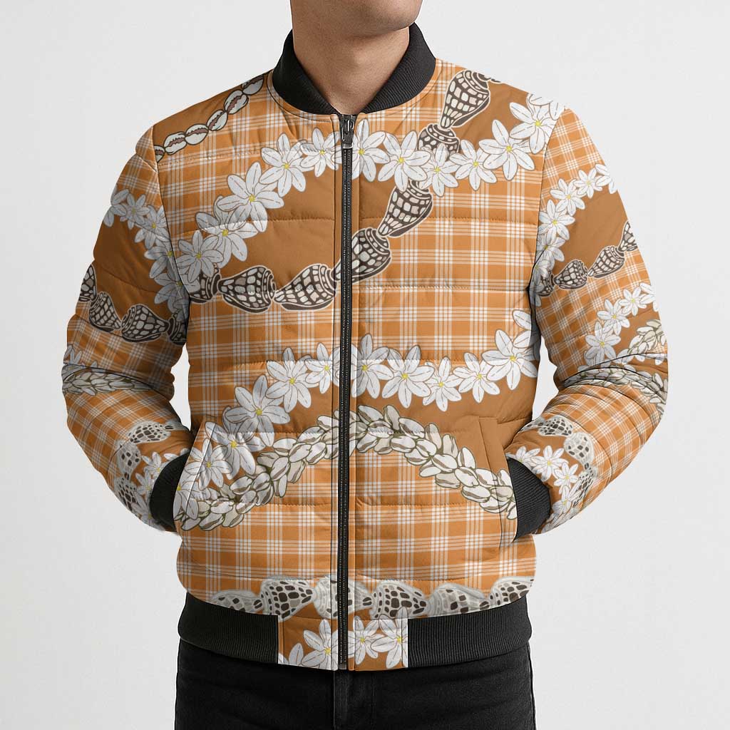 Orange Hawaii Tiare and Shell Lei Bomber Puffer Jacket Hawaiian Palaka Luxury Vibes - Polynesian Pride