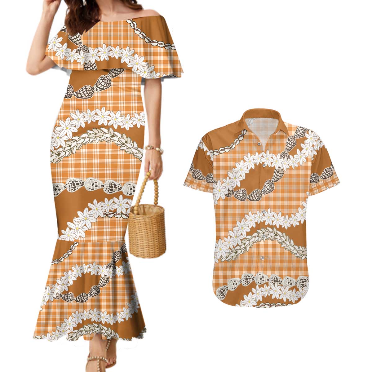 Orange Hawaii Tiare and Shell Lei Couples Matching Mermaid Dress and Hawaiian Shirt Hawaiian Palaka Luxury Vibes - Polynesian Pride