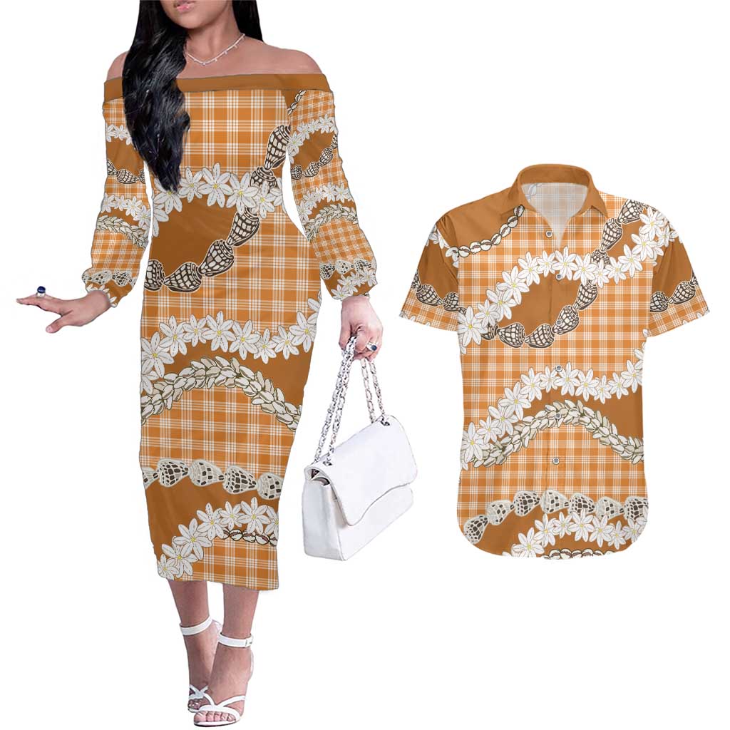 Orange Hawaii Tiare and Shell Lei Couples Matching Off The Shoulder Long Sleeve Dress and Hawaiian Shirt Hawaiian Palaka Luxury Vibes LT14 Orange - Polynesian Pride