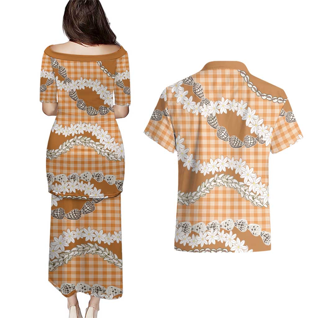 Orange Hawaii Tiare and Shell Lei Couples Matching Puletasi and Hawaiian Shirt Hawaiian Palaka Luxury Vibes - Polynesian Pride