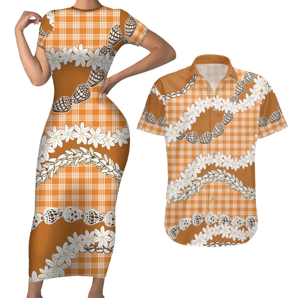 Orange Hawaii Tiare and Shell Lei Couples Matching Short Sleeve Bodycon Dress and Hawaiian Shirt Hawaiian Palaka Luxury Vibes LT14 Orange - Polynesian Pride
