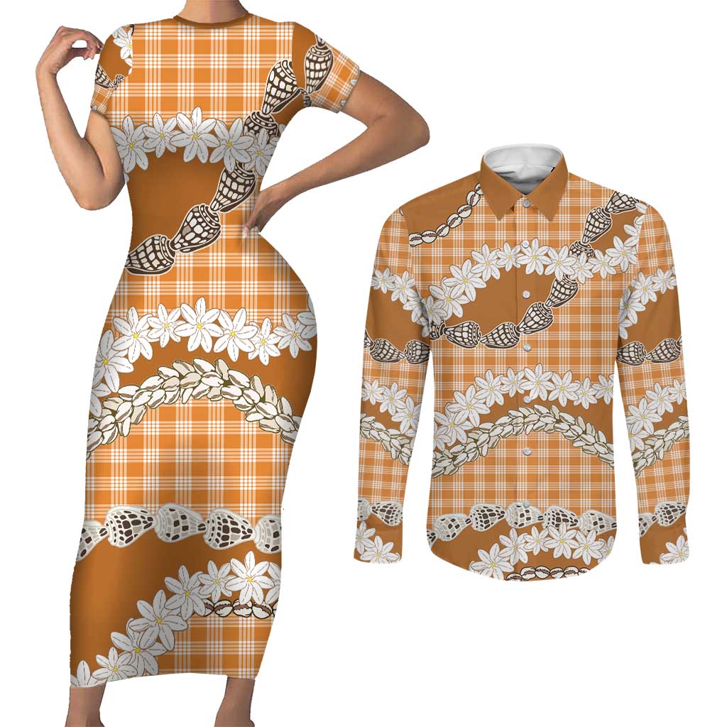 Orange Hawaii Tiare and Shell Lei Couples Matching Short Sleeve Bodycon Dress and Long Sleeve Button Shirt Hawaiian Palaka Luxury Vibes - Polynesian Pride