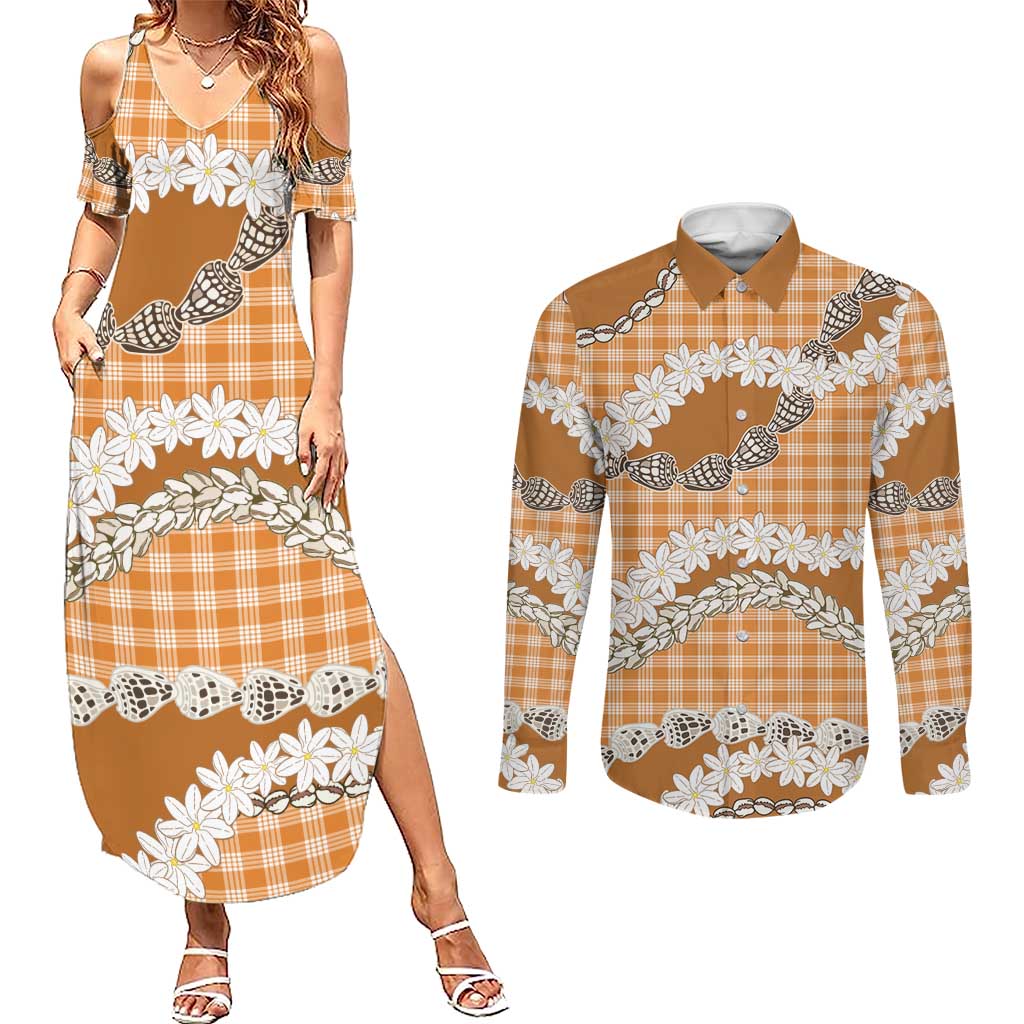 Orange Hawaii Tiare and Shell Lei Couples Matching Summer Maxi Dress and Long Sleeve Button Shirt Hawaiian Palaka Luxury Vibes - Polynesian Pride