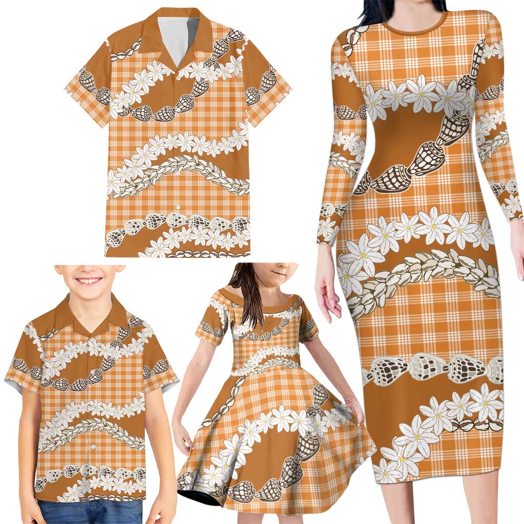 Orange Hawaii Tiare and Shell Lei Family Matching Long Sleeve Bodycon Dress and Hawaiian Shirt Hawaiian Palaka Luxury Vibes LT14 - Polynesian Pride