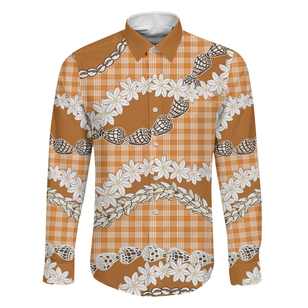 Orange Hawaii Tiare and Shell Lei Family Matching Long Sleeve Bodycon Dress and Hawaiian Shirt Hawaiian Palaka Luxury Vibes LT14 Dad's Shirt - Long Sleeve Orange - Polynesian Pride