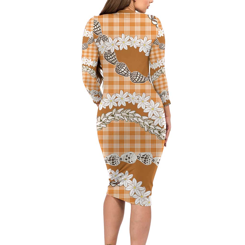 Orange Hawaii Tiare and Shell Lei Family Matching Long Sleeve Bodycon Dress and Hawaiian Shirt Hawaiian Palaka Luxury Vibes LT14 - Polynesian Pride