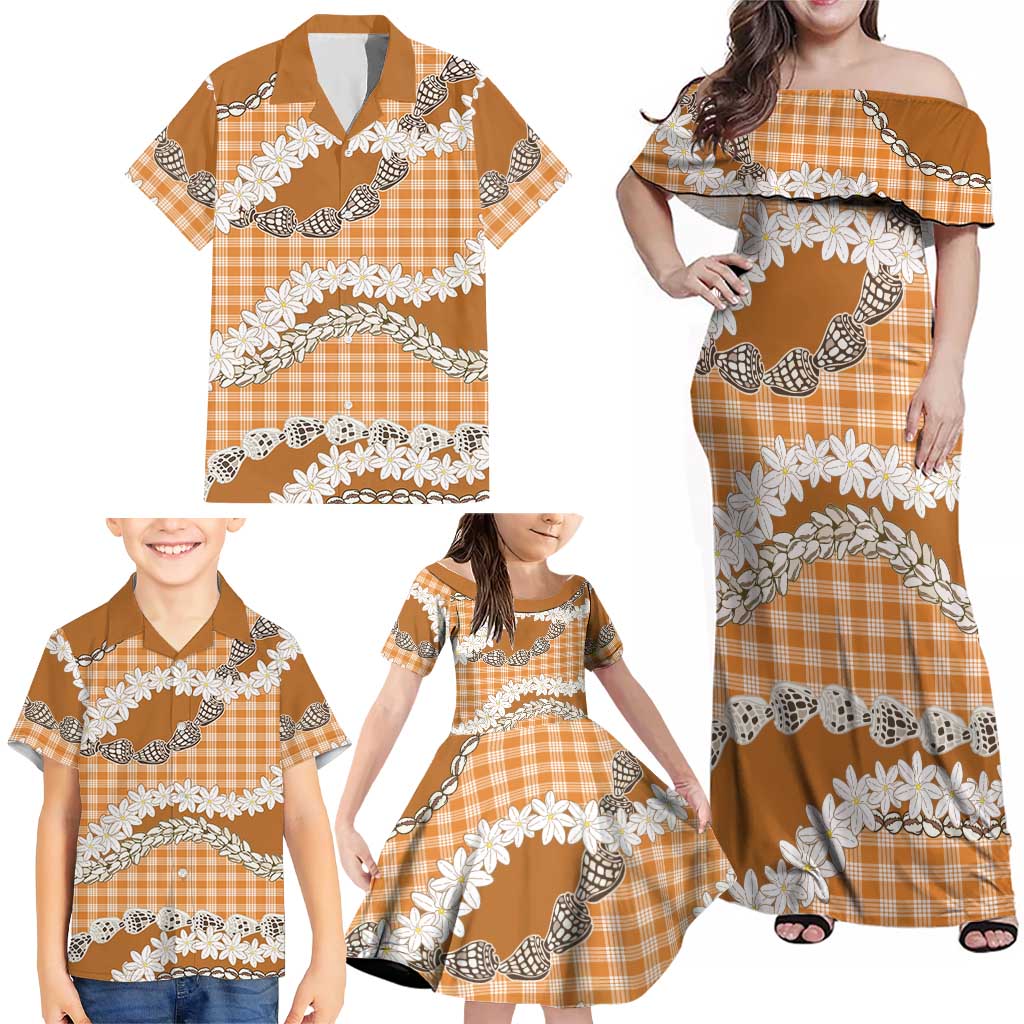 Orange Hawaii Tiare and Shell Lei Family Matching Off Shoulder Maxi Dress and Hawaiian Shirt Hawaiian Palaka Luxury Vibes LT14 - Polynesian Pride