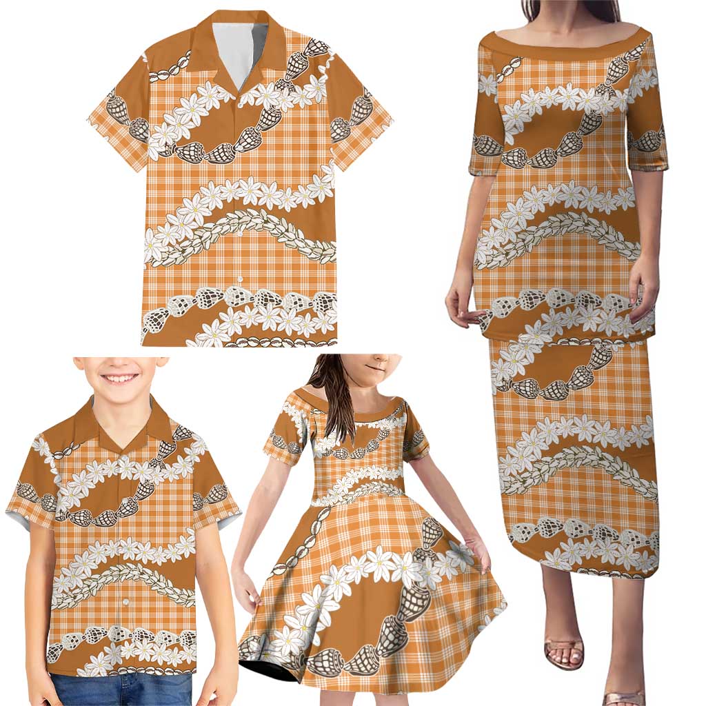 Orange Hawaii Tiare and Shell Lei Family Matching Puletasi and Hawaiian Shirt Hawaiian Palaka Luxury Vibes - Polynesian Pride
