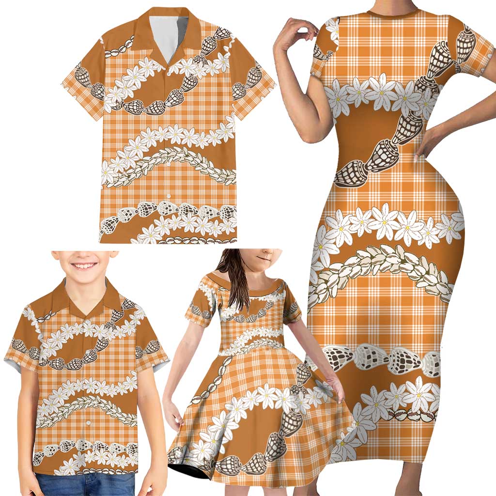 Orange Hawaii Tiare and Shell Lei Family Matching Short Sleeve Bodycon Dress and Hawaiian Shirt Hawaiian Palaka Luxury Vibes LT14 - Polynesian Pride