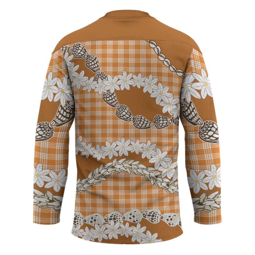 Orange Hawaii Tiare and Shell Lei Hockey Jersey Hawaiian Palaka Luxury Vibes - Polynesian Pride