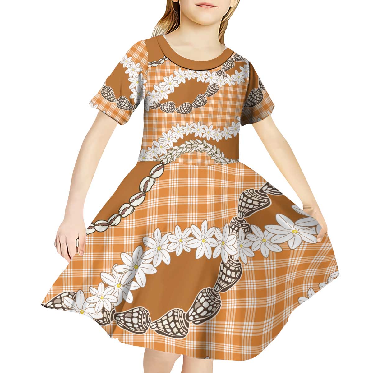 Orange Hawaii Tiare and Shell Lei Kid Short Sleeve Dress Hawaiian Palaka Luxury Vibes - Polynesian Pride