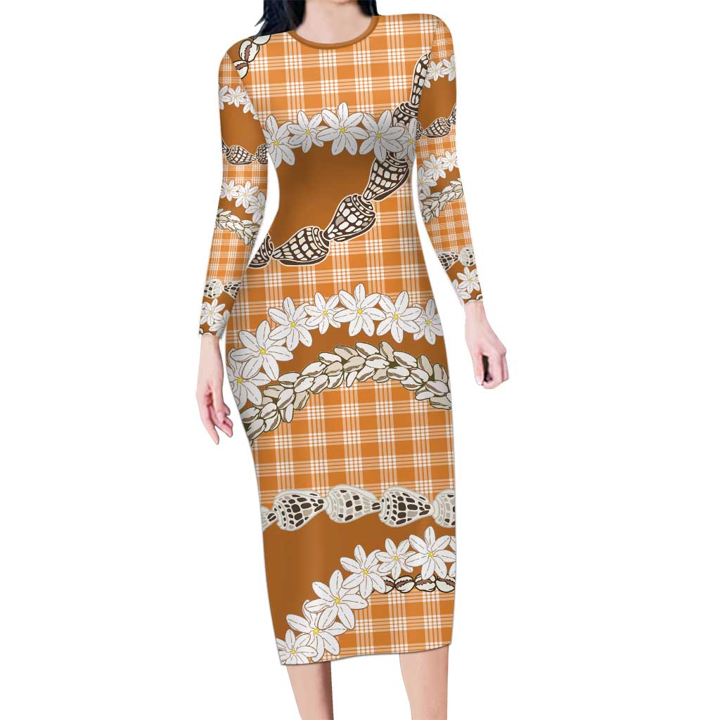 Orange Hawaii Tiare and Shell Lei Long Sleeve Bodycon Dress Hawaiian Palaka Luxury Vibes - Polynesian Pride