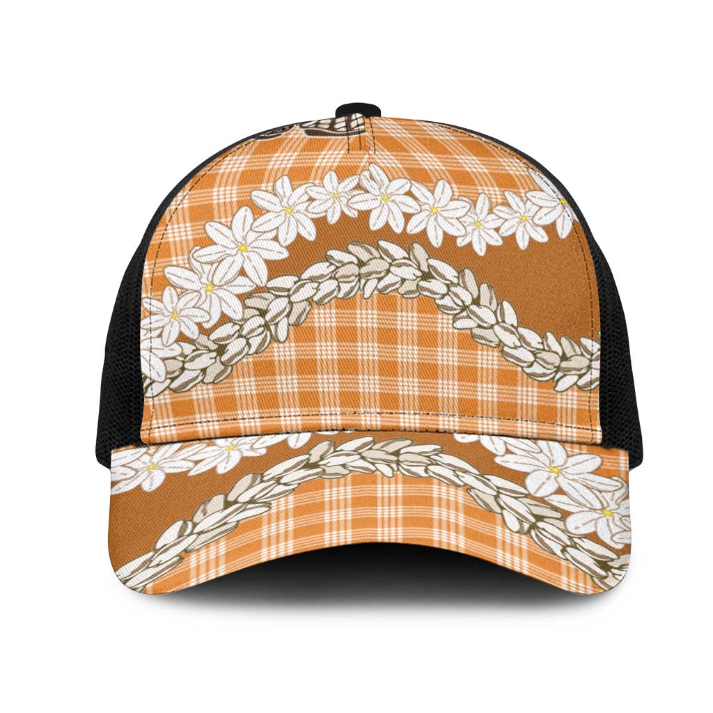 Orange Hawaii Tiare and Shell Lei Mesh Trucker Cap Hawaiian Palaka Luxury Vibes - Polynesian Pride