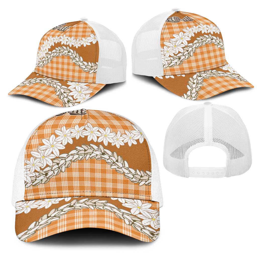 Orange Hawaii Tiare and Shell Lei Mesh Trucker Cap Hawaiian Palaka Luxury Vibes - Polynesian Pride