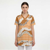 Orange Hawaii Tiare and Shell Lei Scrub Top Hawaiian Palaka Luxury Vibes - Polynesian Pride