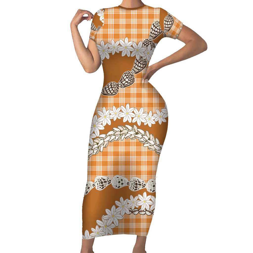 Orange Hawaii Tiare and Shell Lei Short Sleeve Bodycon Dress Hawaiian Palaka Luxury Vibes - Polynesian Pride