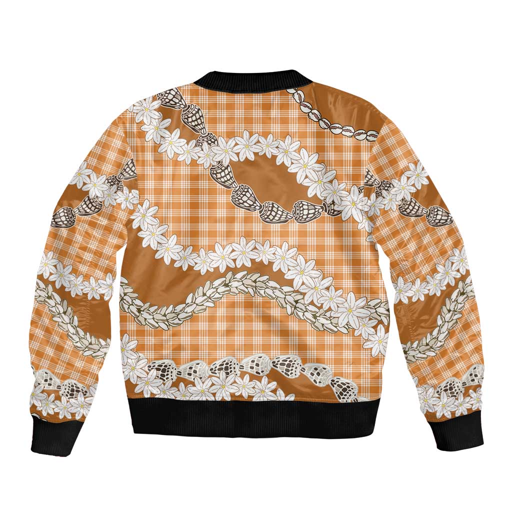 Orange Hawaii Tiare and Shell Lei Sleeve Zip Bomber Jacket Hawaiian Palaka Luxury Vibes - Polynesian Pride