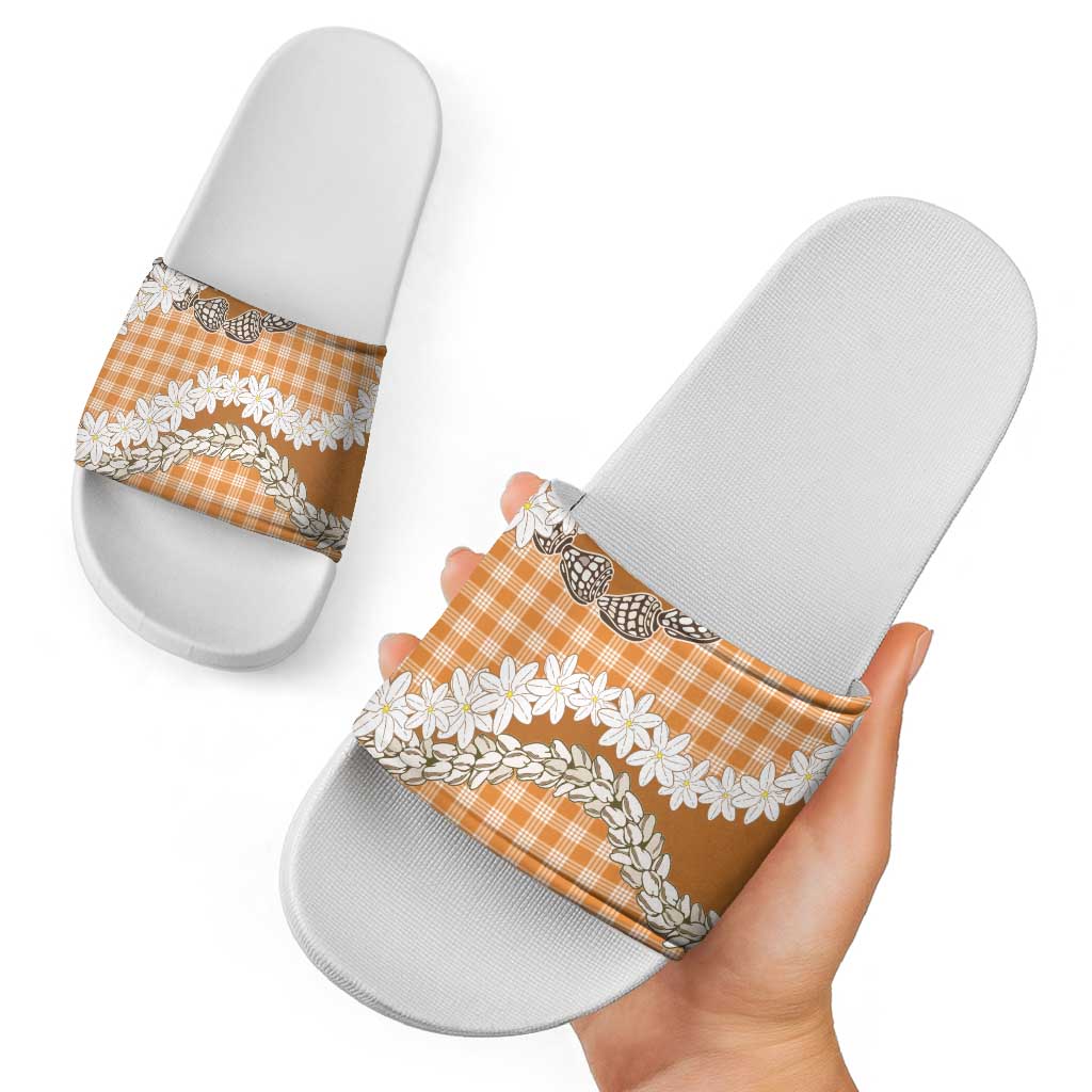 Orange Hawaii Tiare and Shell Lei Slide Sandals Hawaiian Palaka Luxury Vibes - Polynesian Pride