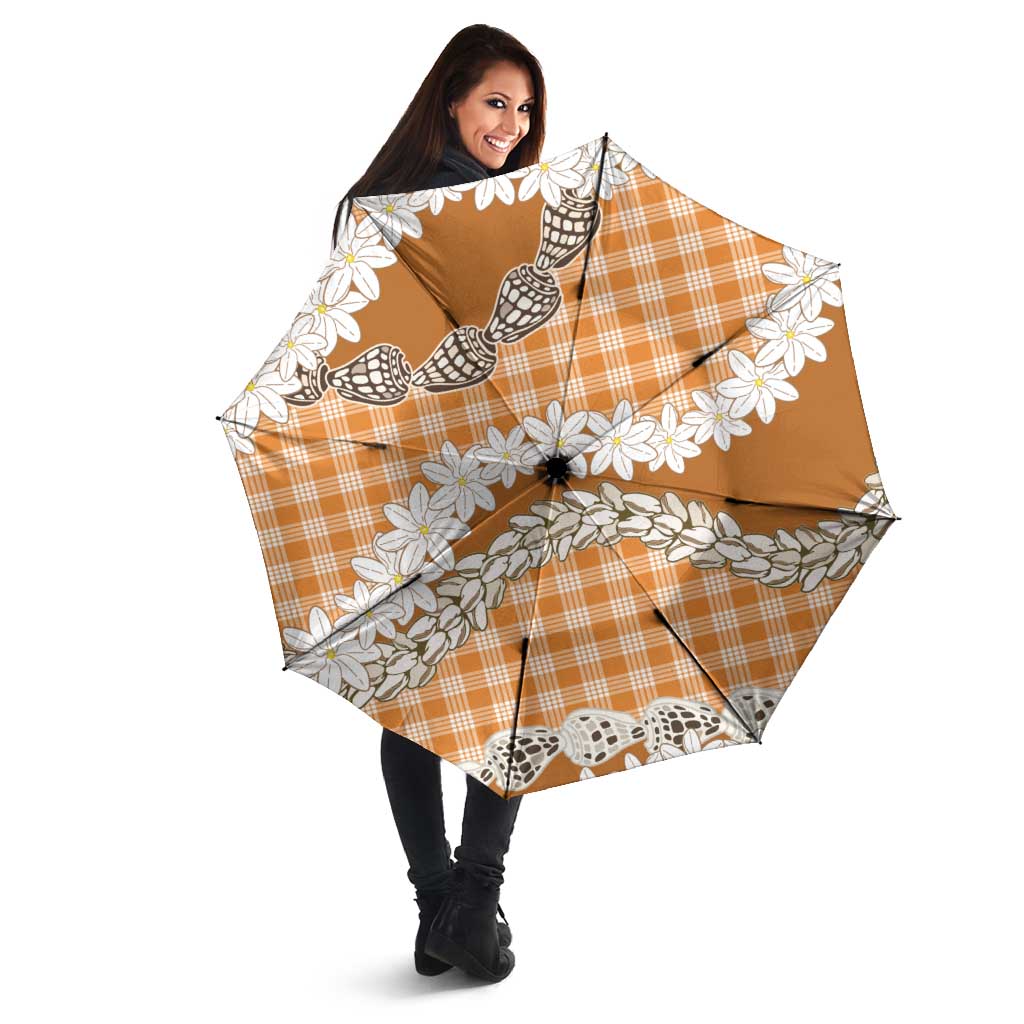 Orange Hawaii Tiare and Shell Lei Umbrella Hawaiian Palaka Luxury Vibes - Polynesian Pride