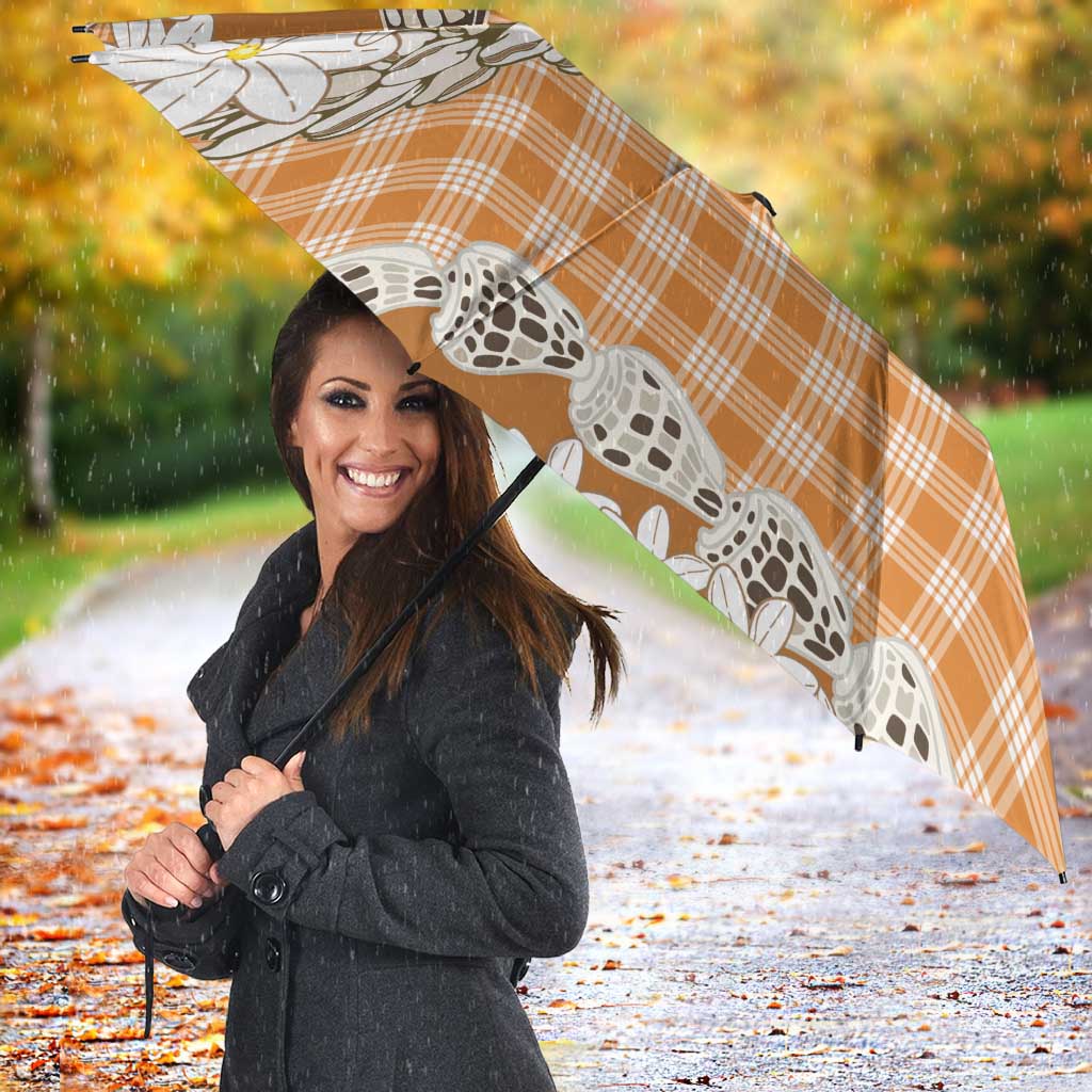 Orange Hawaii Tiare and Shell Lei Umbrella Hawaiian Palaka Luxury Vibes - Polynesian Pride