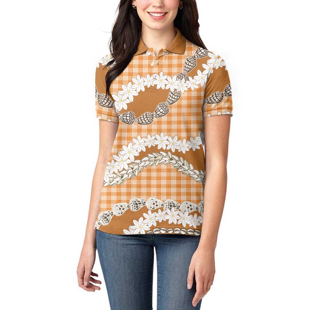 Orange Hawaii Tiare and Shell Lei Women Polo Shirt Hawaiian Palaka Luxury Vibes - Polynesian Pride