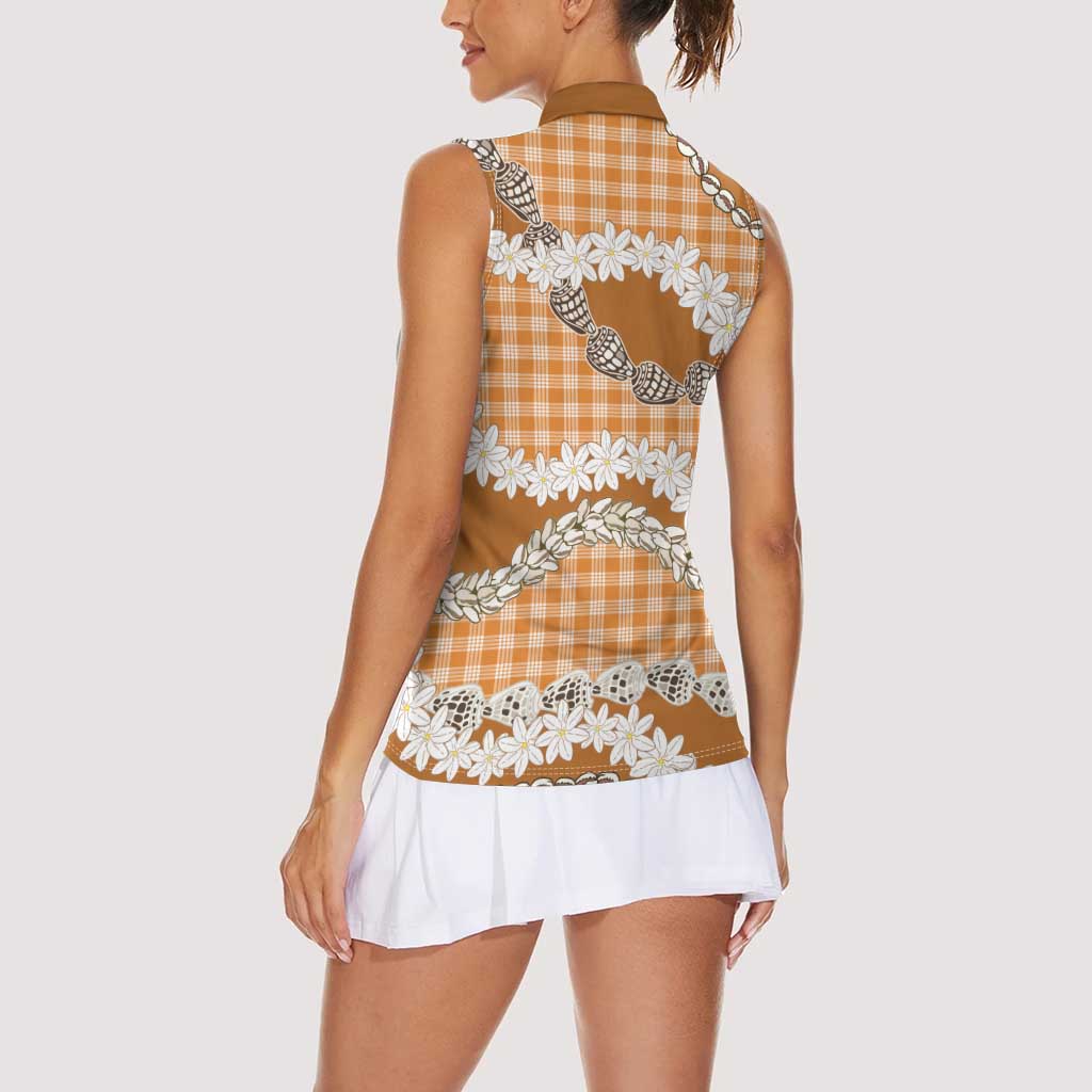 Orange Hawaii Tiare and Shell Lei Women Sleeveless Polo Shirt Hawaiian Palaka Luxury Vibes - Polynesian Pride