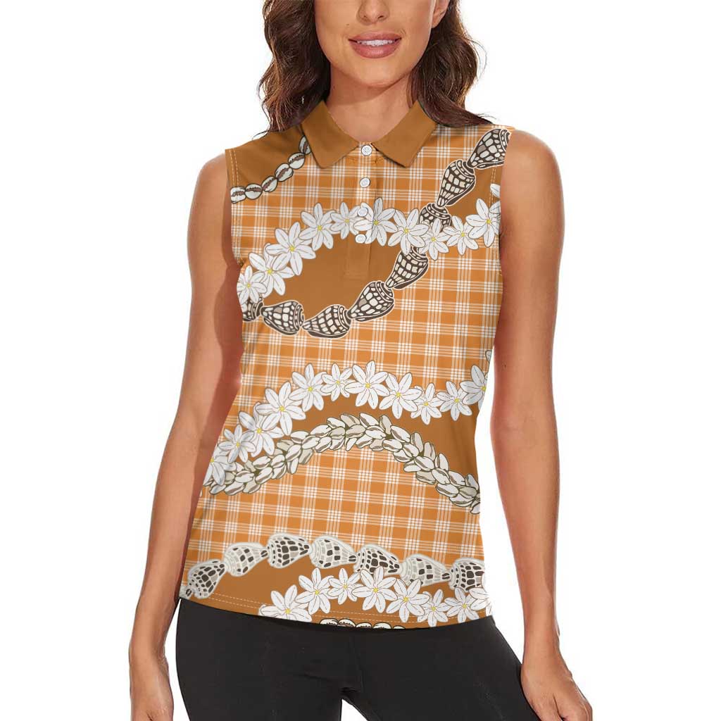 Orange Hawaii Tiare and Shell Lei Women Sleeveless Polo Shirt Hawaiian Palaka Luxury Vibes - Polynesian Pride