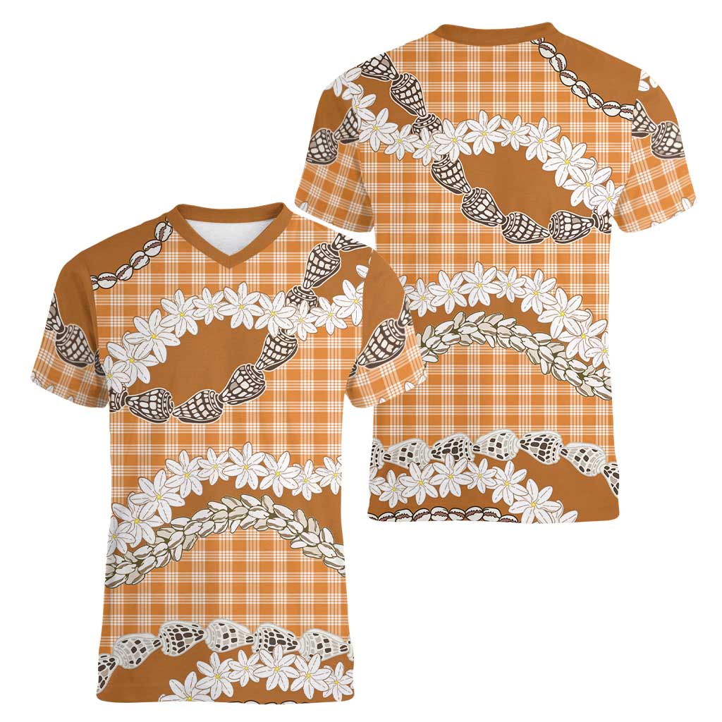 Orange Hawaii Tiare and Shell Lei Women V-Neck T-Shirt Hawaiian Palaka Luxury Vibes - Polynesian Pride