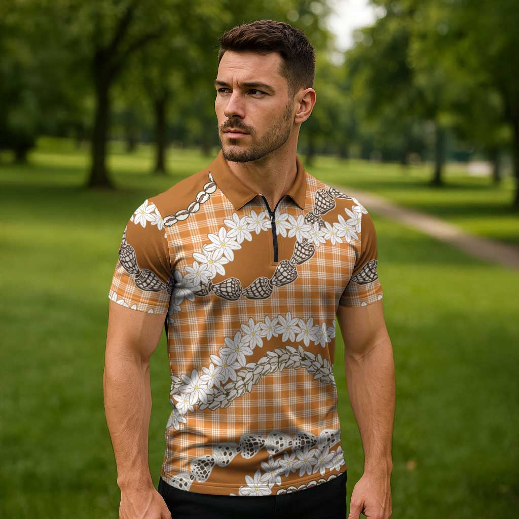 Orange Hawaii Tiare and Shell Lei Zipper Polo Shirt Hawaiian Palaka Luxury Vibes - Polynesian Pride